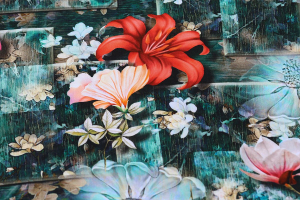 Ткань плательно-блузочная штапель, Maks Style, вискоза 100%, цветы на зеленом фоне, арт. MS- 1192 D- 20