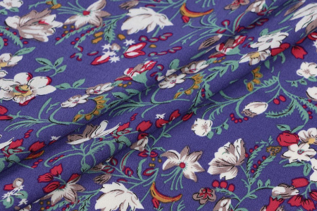 Ткань плательно-блузочная штапель, Maks Style, вискоза 100%, цветочный принт фиолетовый, арт. MS-2201 D-4