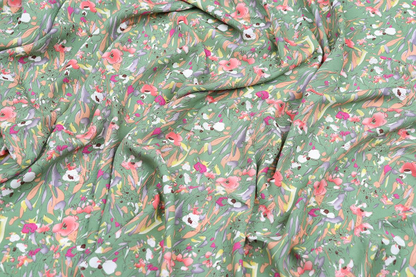 Ткань плательно-блузочная штапель, Maks Style, вискоза 100%, цвет ткани зеленый, цветочный принт, арт. MS- 2208 D-11 C-1