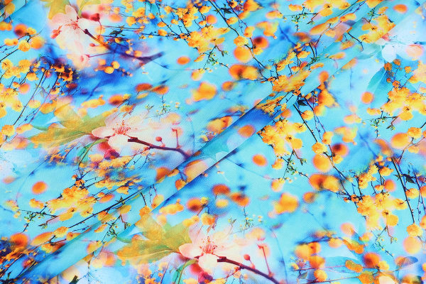 Ткань плательно-блузочная штапель, Maks Style, вискоза 100%, желтая мимоза на голубом фоне, арт. MS- 2202 D- 22