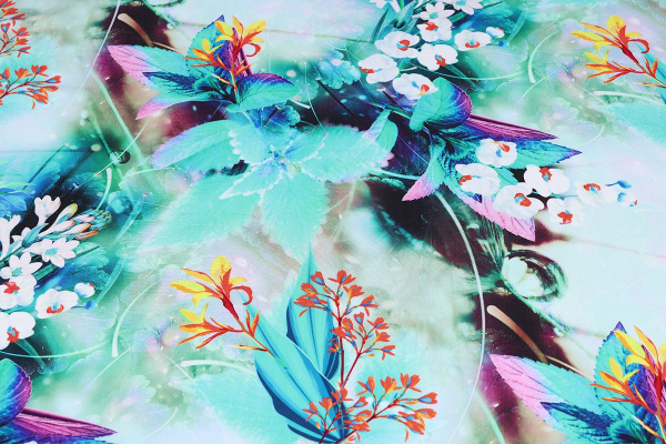 Ткань плательно-блузочная штапель, Maks Style, вискоза 100%, цветочный принт, листья, арт. MS- 2202 D- 7