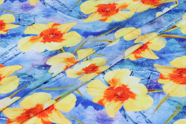 Ткань плательно-блузочная штапель, Maks Style, вискоза 100%, цвет синий, цветы желтые, арт. MS- 2202 D- 5