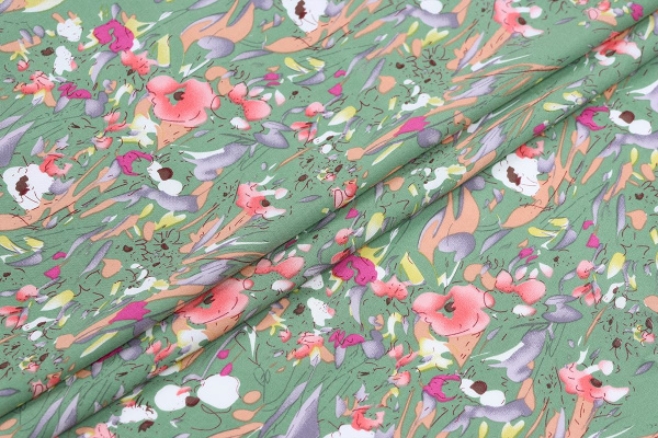 Ткань плательно-блузочная штапель, Maks Style, вискоза 100%, цвет ткани зеленый, цветочный принт, арт. MS- 2208 D-11 C-1