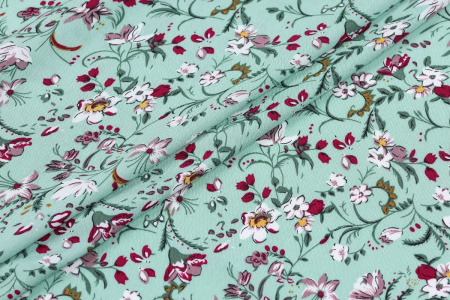Ткань плательно-блузочная штапель, Maks Style, вискоза 100%, цветочный принт мятный, арт. MS-2201 D-9