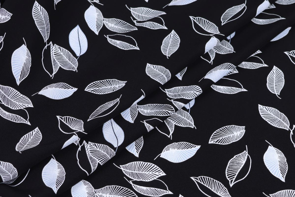 Ткань плательно-блузочная штапель, Maks Style, вискоза 100%, цвет ткани черный, рисунок листья, арт. MS- 2209 D- 2 C- 2