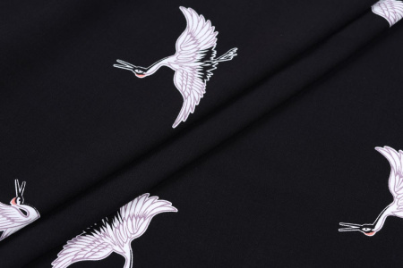 Ткань плательно-блузочная штапель, Maks Style, вискоза 100%, цвет ткани черный, аисты, арт. MS- 1226 D-21 C-2