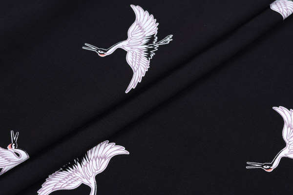 Ткань плательно-блузочная штапель, Maks Style, вискоза 100%, цвет ткани черный, аисты, арт. MS- 1226 D-21 C-2