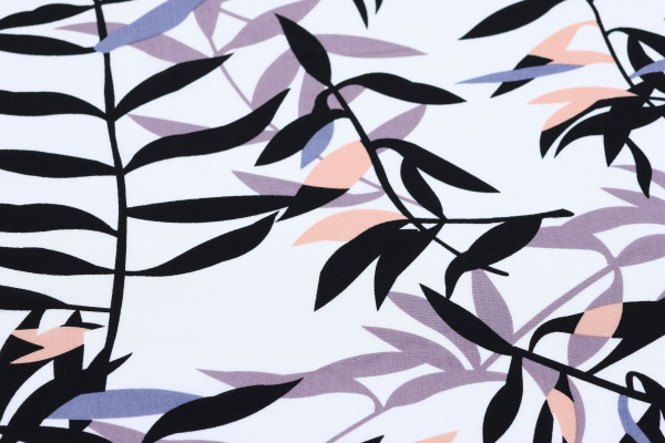 Ткань плательно-блузочная штапель, Maks Style, вискоза 100%, цвет ткани белый, листья, арт. MS- 2208 D-9 C-1