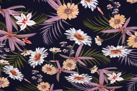 Ткань плательно-блузочная штапель, Maks Style, вискоза 100%, цвет ткани темно-синий, цветочный принт, арт. MS- 2201 D-36