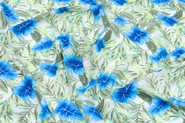 Ткань плательно-блузочная штапель, Maks Style, вискоза 100%, цвет ткани белый, листья, цветочный принт, арт. MS- 1226 D-24 C-1