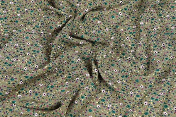 Ткань плательно-блузочная штапель, Maks Style, вискоза 100%, цвет ткани оливкой, мелкие цветы, арт. MS- 1226 D-33 C-1