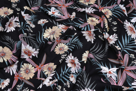 Ткань плательно-блузочная штапель, Maks Style, вискоза 100%, цвет ткани черный, цветочный принт, арт. MS- 2201 D-35