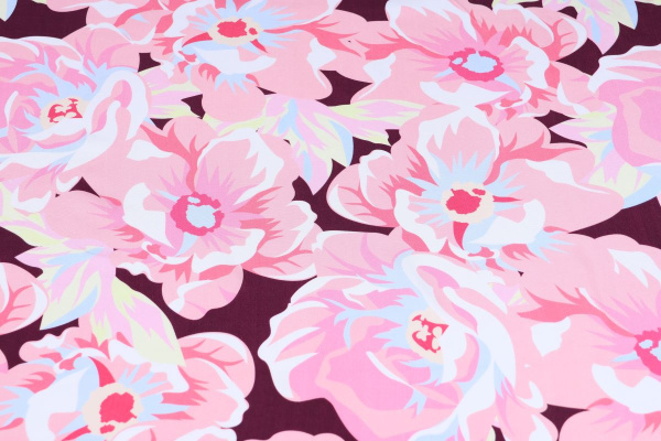 Ткань плательно-блузочная штапель, Maks Style, вискоза 100%, яркие розовые цветы на бордовом фоне, арт. MS- 2202 D- 2