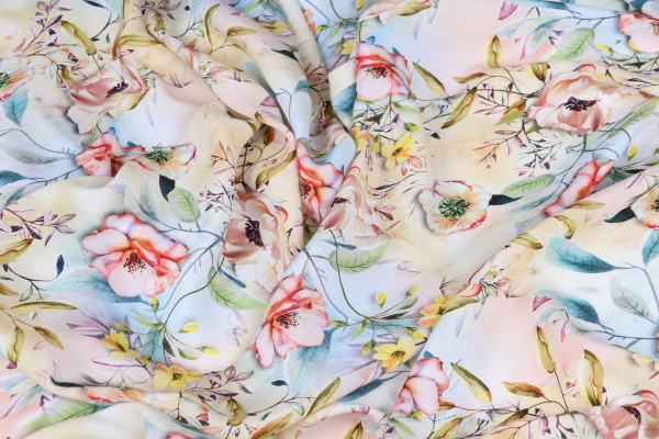 Ткань плательно-блузочная штапель, Maks Style, вискоза 100%, цветочный принт, цвет бежевый, арт. MS- 2202 D- 18