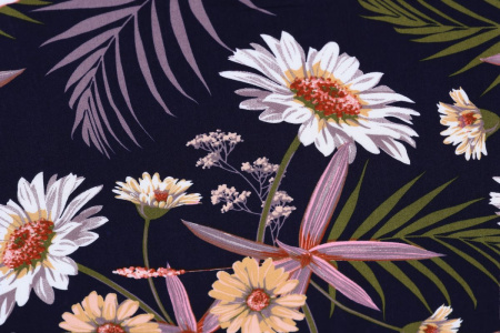 Ткань плательно-блузочная штапель, Maks Style, вискоза 100%, цвет ткани темно-синий, цветочный принт, арт. MS- 2201 D-36