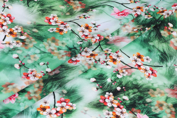 Ткань плательно-блузочная штапель, Maks Style, вискоза 100%, яркие красные цветы на зеленых ветвях, арт. MS- 2202 D- 14