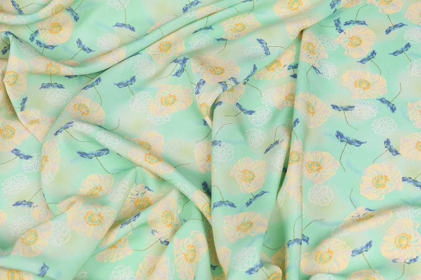 Ткань плательно-блузочная штапель, Maks Style, вискоза 100%, желтые цветы на мятном фоне арт. MS- 2202 D- 8