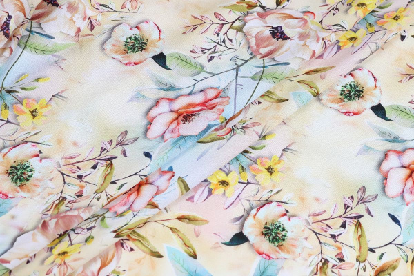 Ткань плательно-блузочная штапель, Maks Style, вискоза 100%, цветочный принт, цвет бежевый, арт. MS- 2202 D- 18