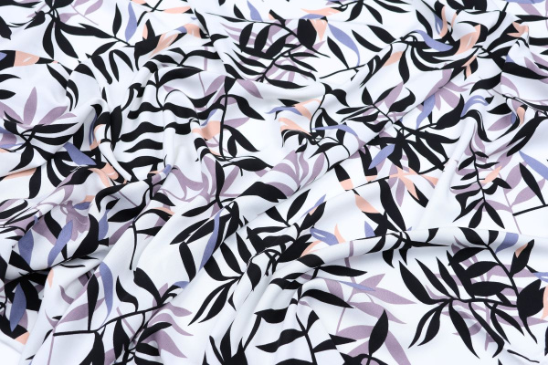 Ткань плательно-блузочная штапель, Maks Style, вискоза 100%, цвет ткани белый, листья, арт. MS- 2208 D-9 C-1