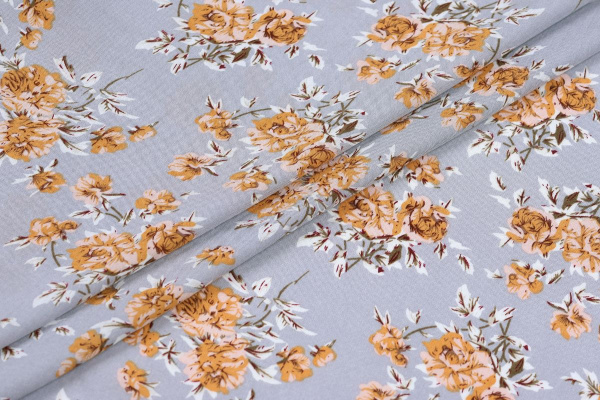 Ткань плательно-блузочная штапель, Maks Style, вискоза 100%, цветочный принт серый, арт. MS-2201 D-52 С-1