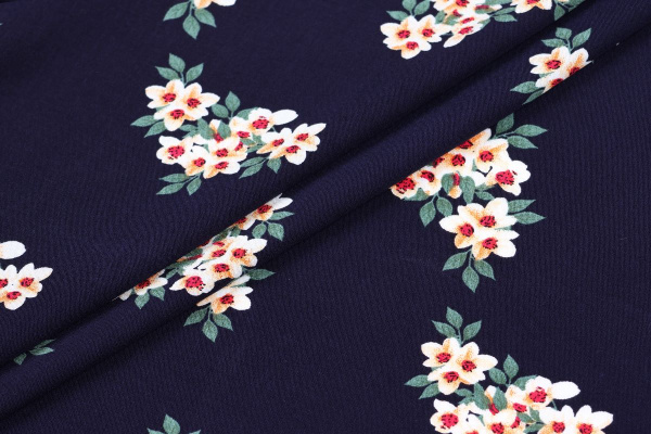 Ткань плательно-блузочная штапель, Maks Style, вискоза 100%, цвет ткани темно-синий, цветочный принт, арт. MS- 2201 D-1