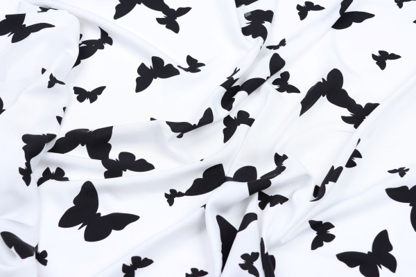 Ткань плательно-блузочная штапель, Maks Style, вискоза 100%, цвет ткани белый, черные бабочки, арт. MS- 1226 D-16 C-1