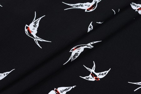 Ткань плательно-блузочная штапель, Maks Style, вискоза 100%, цвет ткани черный, ласточки, арт. MS- 2208 D-3 C-2
