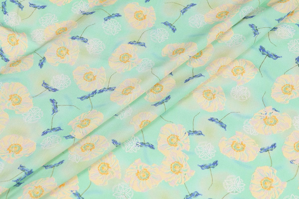 Ткань плательно-блузочная штапель, Maks Style, вискоза 100%, желтые цветы на мятном фоне арт. MS- 2202 D- 8