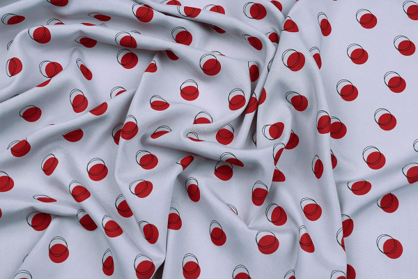 Ткань плательно-блузочная штапель, Maks Style, вискоза 100%, сиреневый принт горох красный, арт. 4203 D-2028 С-4