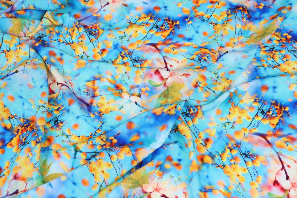 Ткань плательно-блузочная штапель, Maks Style, вискоза 100%, желтая мимоза на голубом фоне, арт. MS- 2202 D- 22