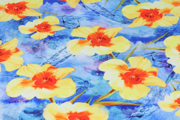 Ткань плательно-блузочная штапель, Maks Style, вискоза 100%, цвет синий, цветы желтые, арт. MS- 2202 D- 5