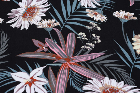 Ткань плательно-блузочная штапель, Maks Style, вискоза 100%, цвет ткани черный, цветочный принт, арт. MS- 2201 D-35