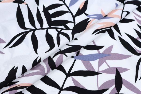 Ткань плательно-блузочная штапель, Maks Style, вискоза 100%, цвет ткани белый, листья, арт. MS- 2208 D-9 C-1