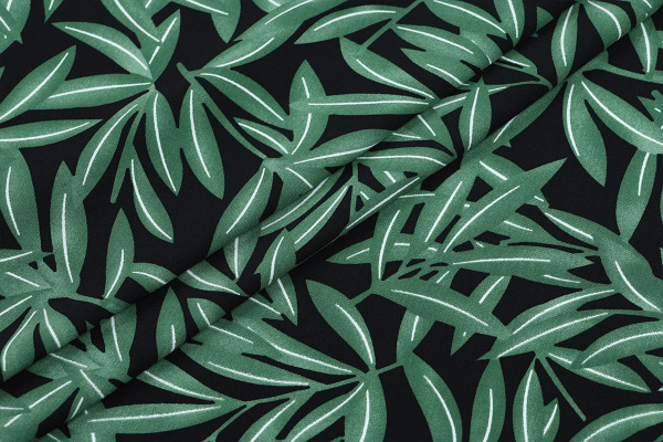Ткань плательно-блузочная штапель, Maks Style, вискоза 100%, цвет ткани черный, рисунок листья, арт. MS- 2208 D-8 C-2