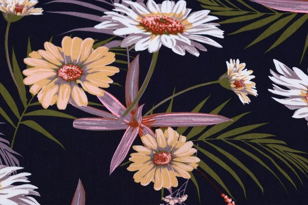 Ткань плательно-блузочная штапель, Maks Style, вискоза 100%, цвет ткани темно-синий, цветочный принт, арт. MS- 2201 D-36