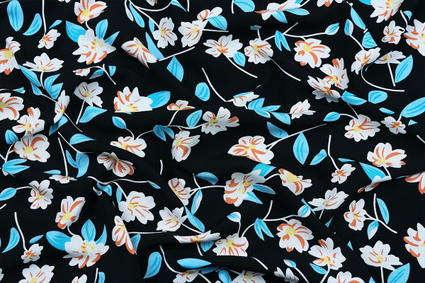 Ткань плательно-блузочная штапель, Maks Style, вискоза 100%, цвет ткани черный, рисунок цветы, арт. MS- 1226 C-2