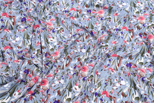 Ткань плательно-блузочная штапель, Maks Style, вискоза 100%, цвет ткани голубой, цветочный принт, арт. MS- 2208 D-11 C-3