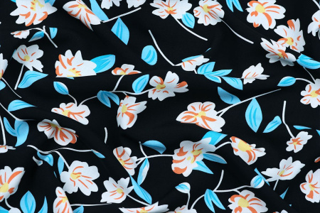 Ткань плательно-блузочная штапель, Maks Style, вискоза 100%, цвет ткани черный, рисунок цветы, арт. MS- 1226 C-2