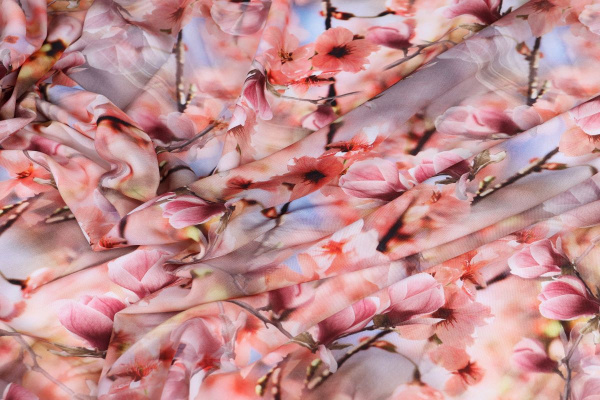 Ткань плательно-блузочная штапель, Maks Style, вискоза 100%, розовые цветы сакуры, арт. MS- 1192 D- 23
