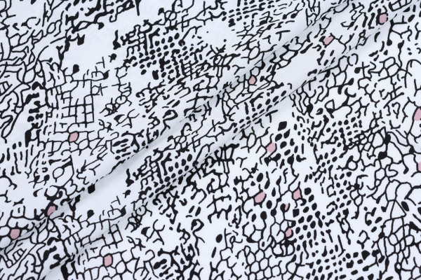 Ткань плательно-блузочная штапель, Maks Style, вискоза 100%, цвет ткани белый, рисунок черный, арт. MS- 2208 D-7 C-1