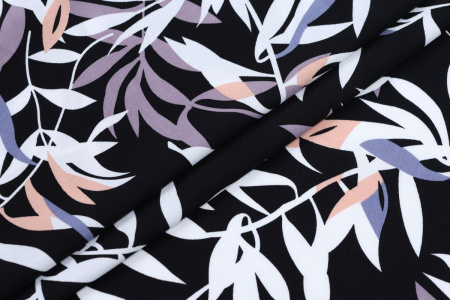 Ткань плательно-блузочная штапель, Maks Style, вискоза 100%, цвет ткани черный, листья, арт. MS- 2208 D-9 C-2