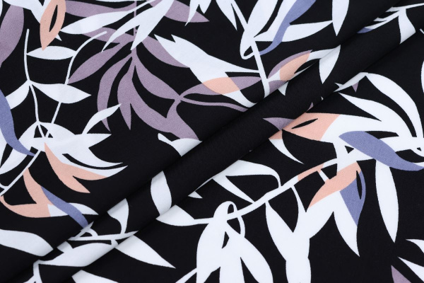 Ткань плательно-блузочная штапель, Maks Style, вискоза 100%, цвет ткани черный, листья, арт. MS- 2208 D-9 C-2