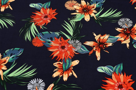 Ткань плательно-блузочная штапель, Maks Style, вискоза 100%, цвет ткани темно-синий, цветочный принт, арт. MS- 2201 D-23