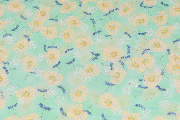 Ткань плательно-блузочная штапель, Maks Style, вискоза 100%, желтые цветы на мятном фоне арт. MS- 2202 D- 8