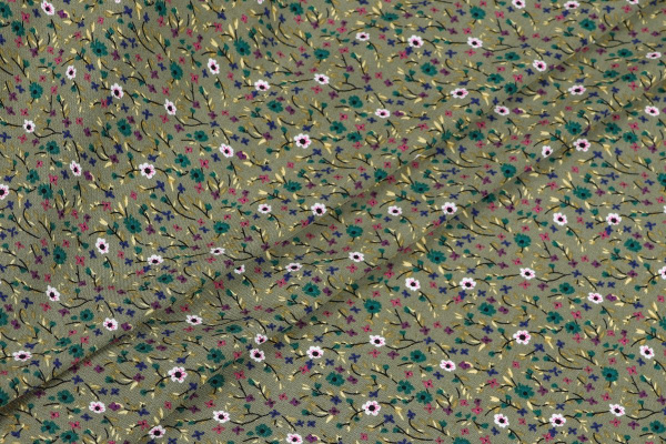 Ткань плательно-блузочная штапель, Maks Style, вискоза 100%, цвет ткани оливкой, мелкие цветы, арт. MS- 1226 D-33 C-1