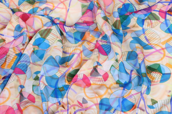 Ткань плательно-блузочная штапель, Maks Style, вискоза 100%, круги на бежевом фоне, арт. MS- 2202 D- 15