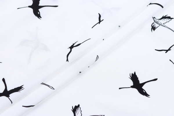 Ткань плательно-блузочная штапель, Maks Style, вискоза 100%, цвет ткани белый, журавли, арт. MS- 2215 D-1 C-1