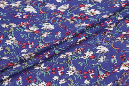 Ткань плательно-блузочная штапель, Maks Style, вискоза 100%, цветочный принт синий, арт. MS-1197 D-31