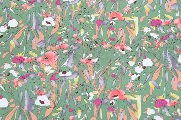 Ткань плательно-блузочная штапель, Maks Style, вискоза 100%, цвет ткани зеленый, цветочный принт, арт. MS- 2208 D-11 C-1