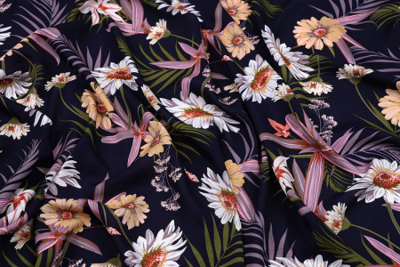 Ткань плательно-блузочная штапель, Maks Style, вискоза 100%, цвет ткани темно-синий, цветочный принт, арт. MS- 2201 D-36